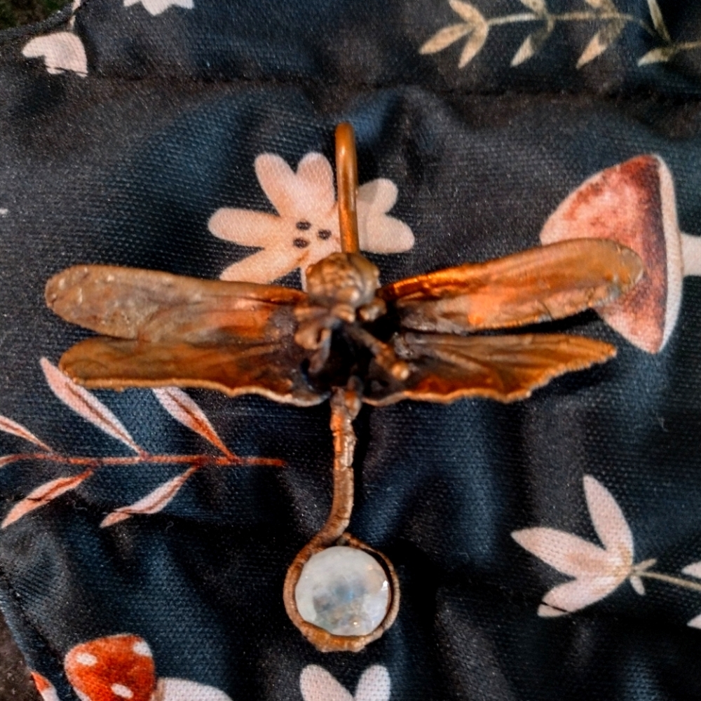 Real electroformed and copper covered dragonfly with moonstone